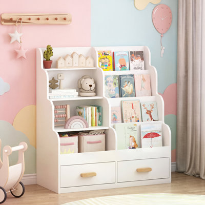 Kids Bookshelf and Toy Storage Organizer, Front-Facing Toddler Bookcase with 2 Drawers, White