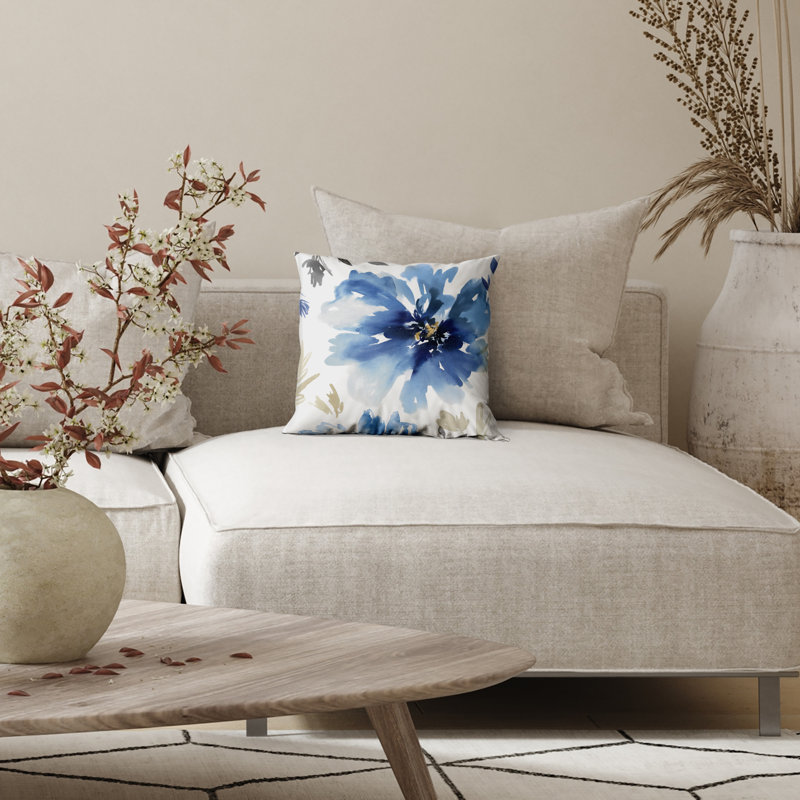Coussin floral avec polyester de qualité supérieure, Blanc / Indigo, Carré H 16 po x l 16 po