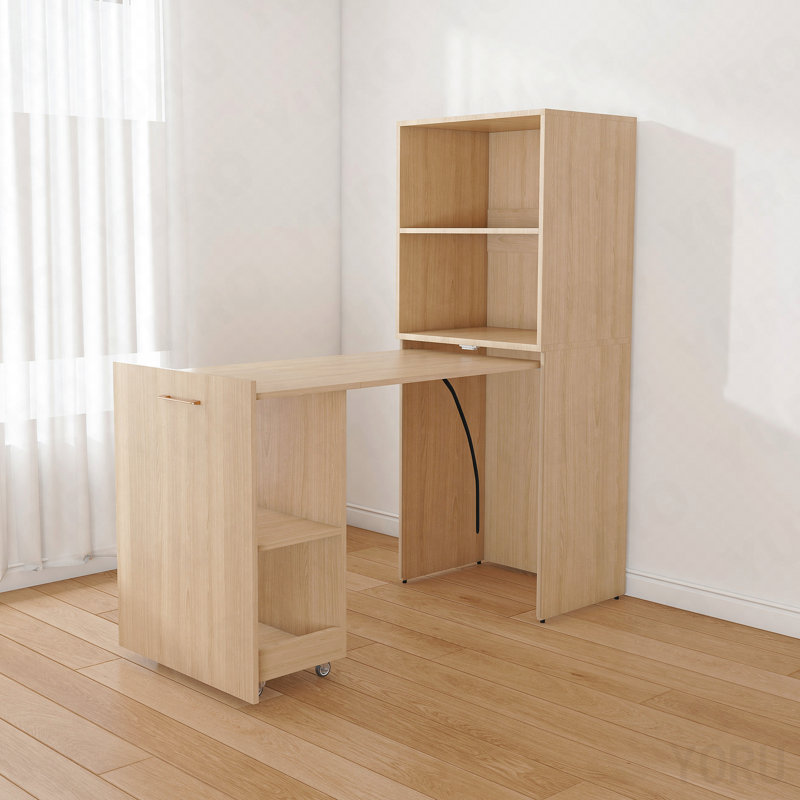 Bureau extensible - Tablettes de rangement, roulettes - Burlywood