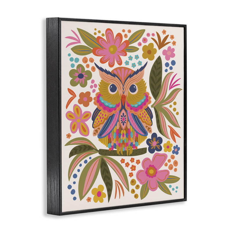Hibou éclectique et fleurs, art numérique par Lisa Perry White, Giclée encadrée noir minuit, H 20 po x l 16 po