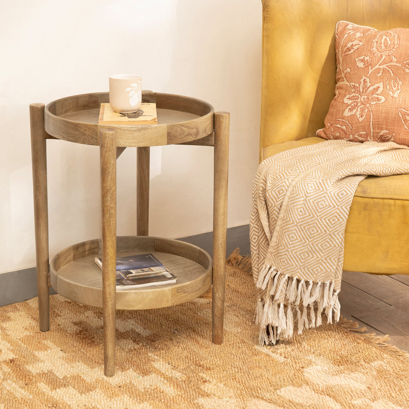 Table d'appoint ronde en bois massif West Village avec plateaux de service amovibles