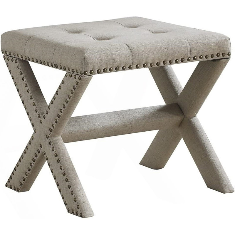 Banc rembourré avec garniture cloutée et siège capitonné, Naturel