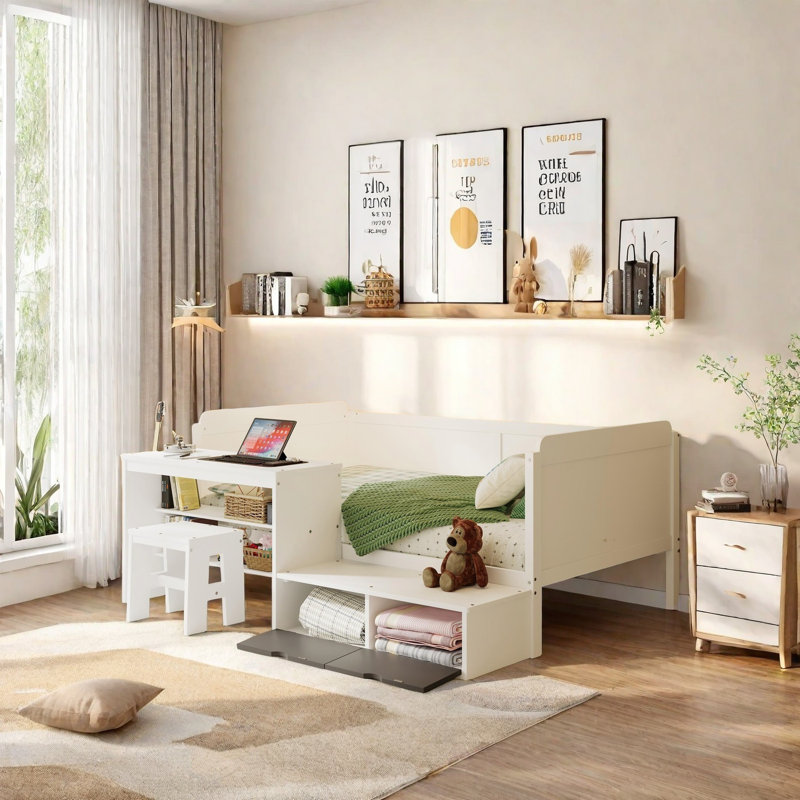 Wooden Daybed With Built-In Storage Shelves, Lockers, And Study Desk, Multi-Functional Twin Size Bed With Matching Stool, Ideal For Small Spaces And Apartments