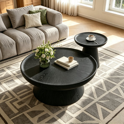 Ensemble de 2 tables basses rondes en bois massif de style Mid-Century rond en placage de bois massif