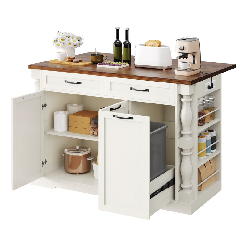 Îlot de cuisine de style campagnard de 121 cm (47,6 po) avec rangement, abattant et prise électrique, Blanc