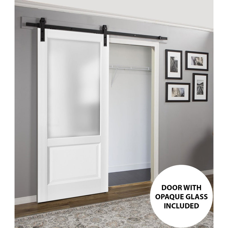 Lucia Frosted Glass Barn White Door with Installation Hardware Kit, 30" x 96"