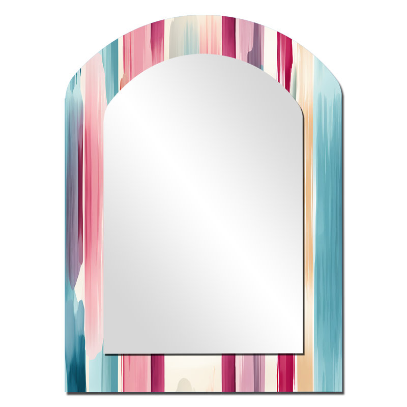 Blue And Pink Artist Strokes Line Pattern Bliss - Mid-Century Arch Wall Mirror, 34" x 25"