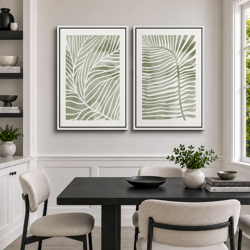 Abstrait botanique «feuilles de palmier tropical vert sauge délavé, images murales minimalistes modernes et simples, impression sur toile encadrée 2 pièces, ensemble de 16 x 24 x 2, 24 x 36 x 2