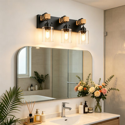 Applique murale rustique en bois naturel et noir mat avec abat-jour en verre clair pour meuble-lavabo rustique Farmhouse