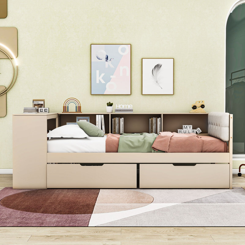 Daybed with Upholstered Headboard, Built-in Desk, Drawers, Shelves and Charging Station, Cream, Twin