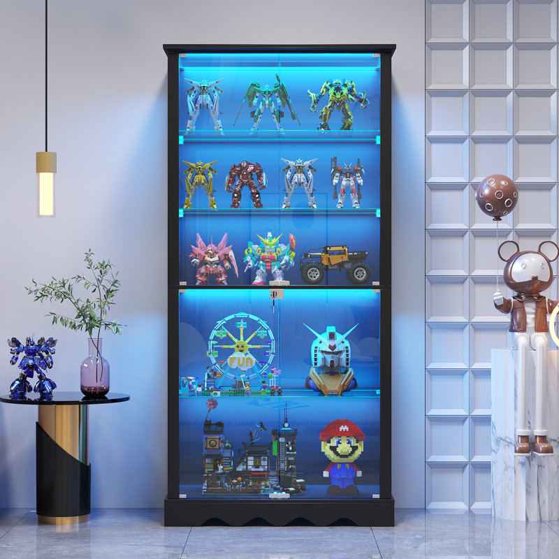 5-Tier Glass Display Cabinet with Tri-Color Sensor Light  and Lock, Black