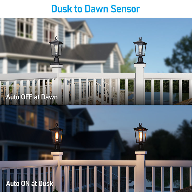 Dusk To Dawn Outdoor Post Lantern, Rectangular Clear Glass Exterior Post Light, E26 Base, Black