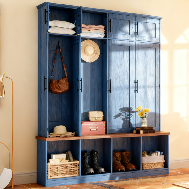Farmhouse Hall Tree With 4 Hidden Hooks, Entryway Bench With 8-Door Storage & Open Shoe Compartments, 4-In-1 Mudroom Storage Cabinet