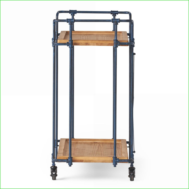 Chariot-bar avec 2 tablettes en bois de sapin, cadre en fer Roues | Finition antique | Bois et métal