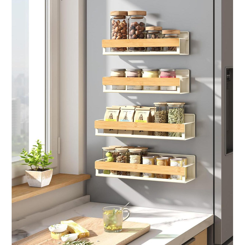 Support à épices magnétique pour réfrigérateur, paquet de 4, 2 grandes et 2 petites tablettes magnétiques de cuisine pour machine à laver, organisateurs d'épices, pas de perçage nécessaire, blanc crème et bambou clair
