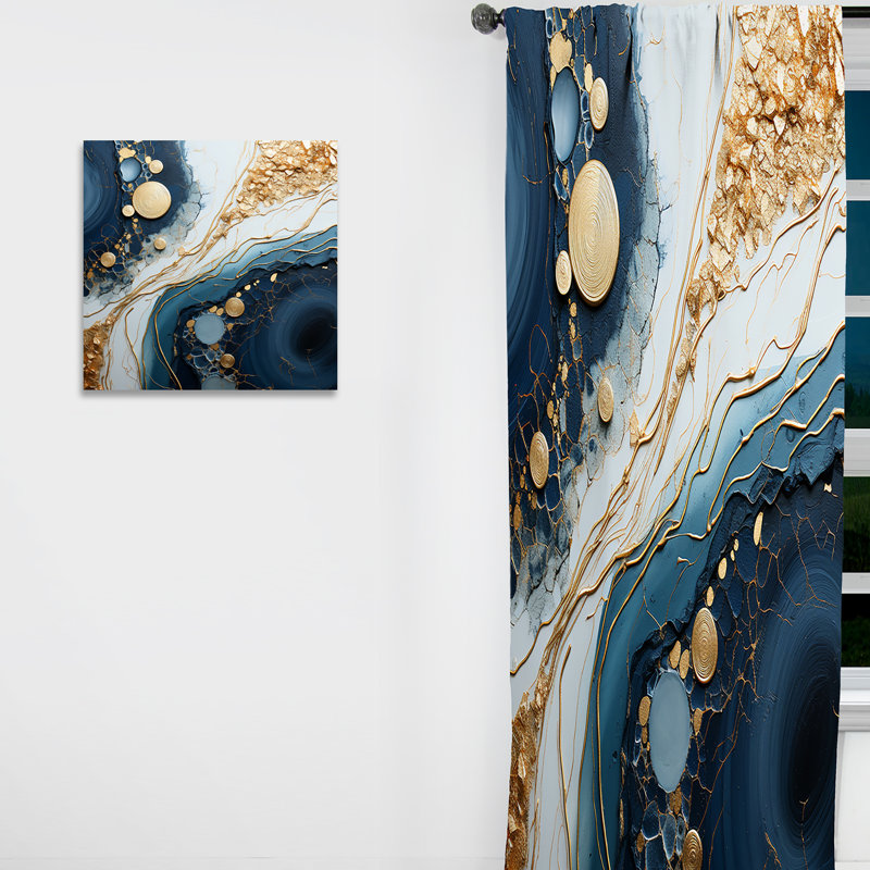 Sveta doré et bleu abstrait liquide Art I - Rideau moderne - Velours obscurcissant - 1 panneau, L 52 po x L 108 po