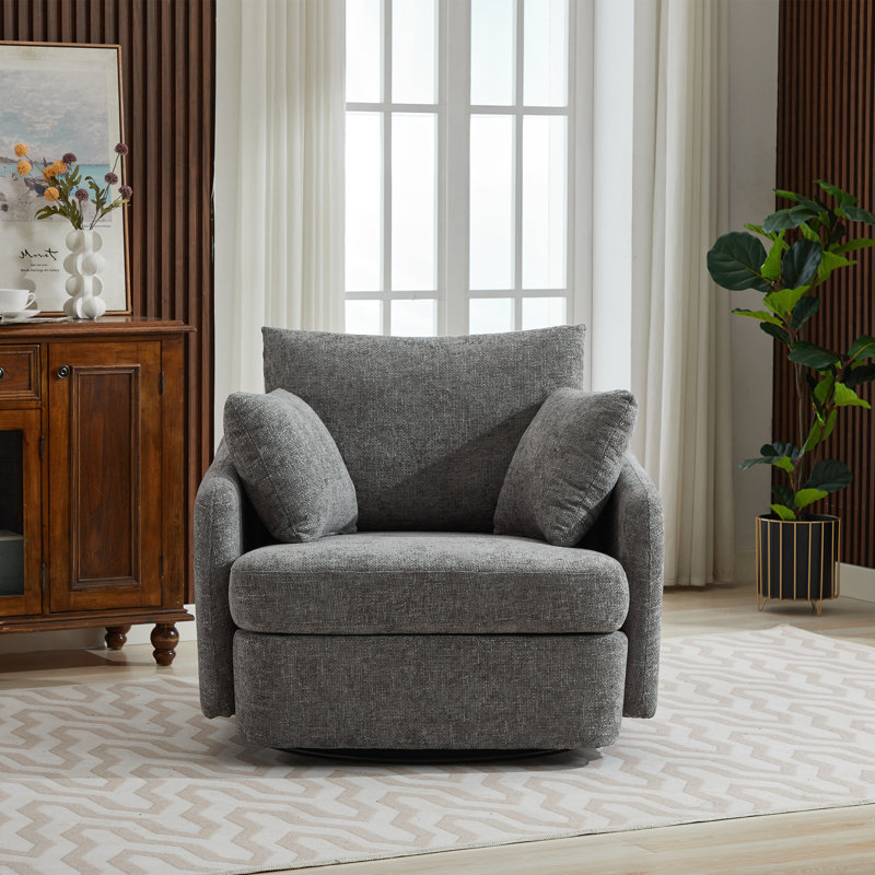 Upholstered Swivel Chair With 2 Side Pillows, Charcoal Chenille