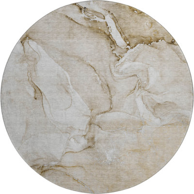 8' Brown And Ivory Abstract Washable Round Rug With UV Protection