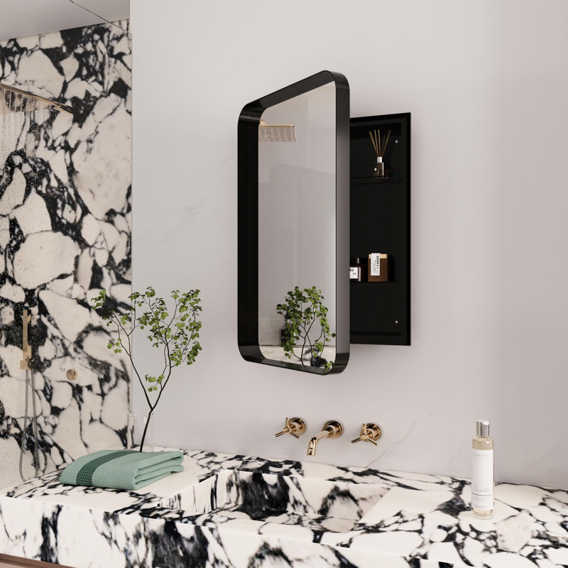 Armoire de salle de bain moderne avec tablettes réglables - Cadre en métal noir encastré 16 x 24 po, Noir