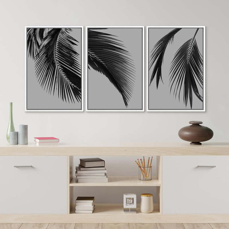 Tropical Palm " IDEA4WALL Framed Canvas Print Wall Art Tropical Jungle Palm Leaf Botanical Prints Minimalist Modern Art Nature Wall Decor For Bedroom " 3 - Pieces