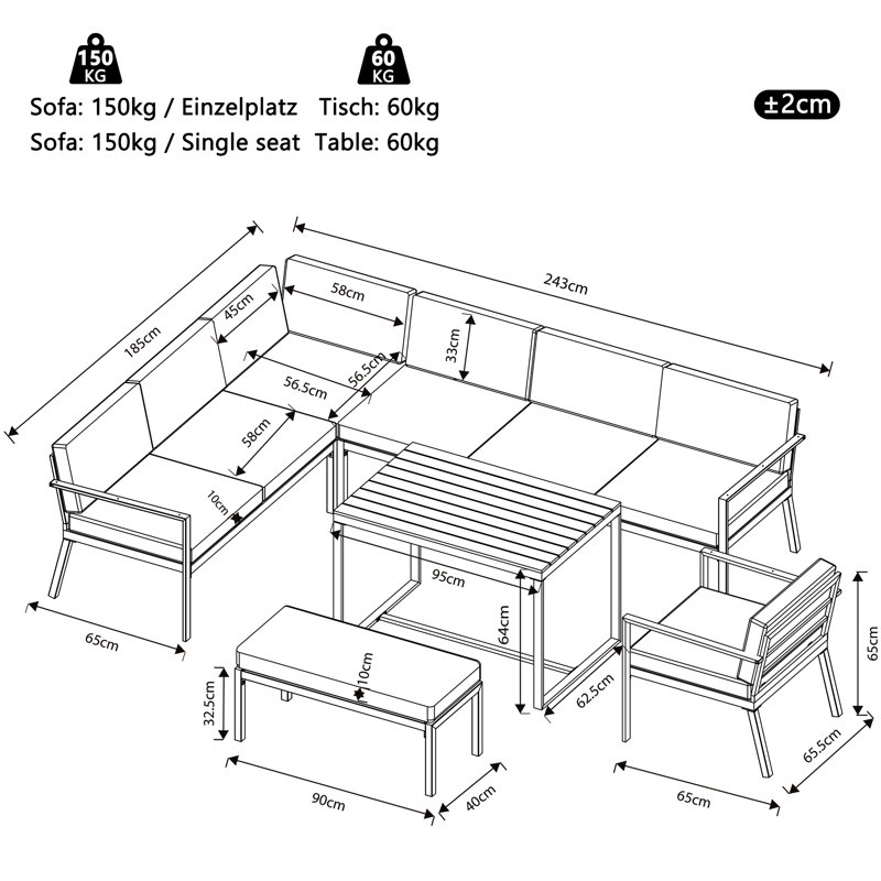 8-Seat Outdoor Sectional Set With Wood-Top Table, Armchairs & Gray Cushions