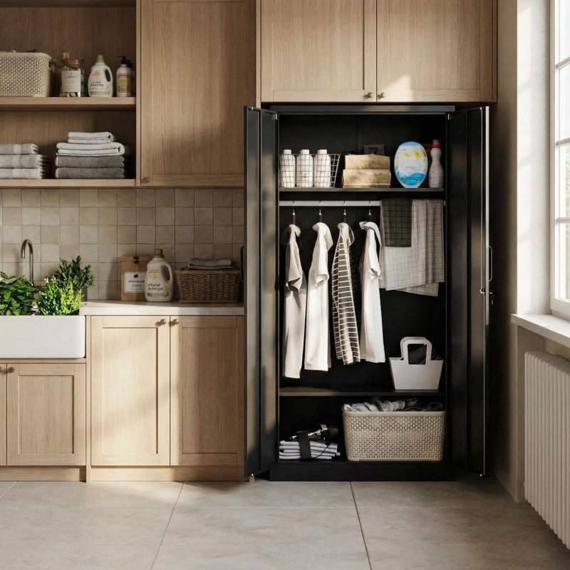 Armoire de rangement industrielle en acier noir - grande armoire en métal laminé à froid de 72 po, portes verrouillables de 0,6 mm, tablettes réglables, tringle à vêtements suspendue, casier robuste pour la maison, le garage et le bureau