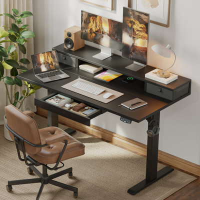 Electric Height Adjustable Desk with Storage Shelf,Standing Desk with 3 Drawers for Home Office