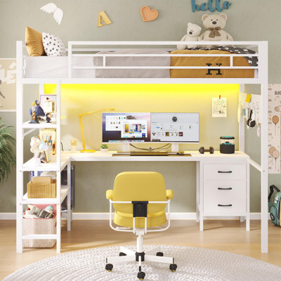 Twin Size Loft Bed With L-shaped Desk, Led Lights,charging Station,twin Metal Loft Bed With Desk And Fabric Drawers And Shelves, 13.4" H Safety Guard, No Box Spring Needed