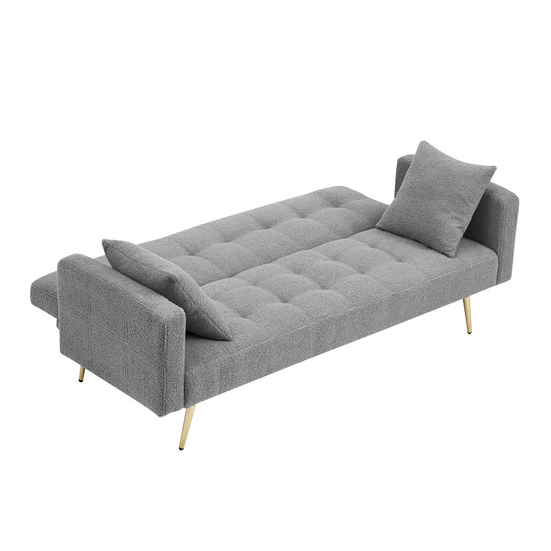 Quiniya 71.26" Modern Teddy Velvet Sofa Bed Folding Couch with Two Throw Pillows for Living Room, Gray Polyester Blend