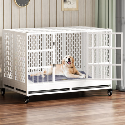 Heavy Duty Dog Crate With Wheels, Folding Metal Big Dog Cage For Large And Medium Dogs, Indestructible Furniture Style Dog Crate With Removable Tray.