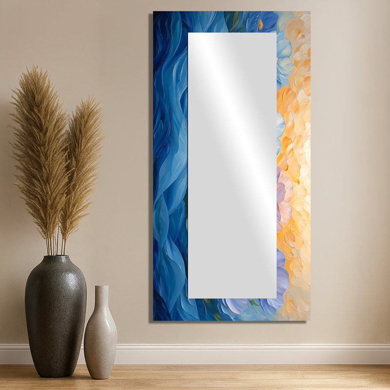 Pétales de pivoines bleues en harmonie II - miroir floral pour décoration murale - imprimé sur métal, 28 po x 55 po