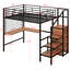 Lit mezzanine double en métal avec bureau et grille, cadre de lit élégant avec échelle de rangement latérale et garde-robe, pour enfants adolescents
