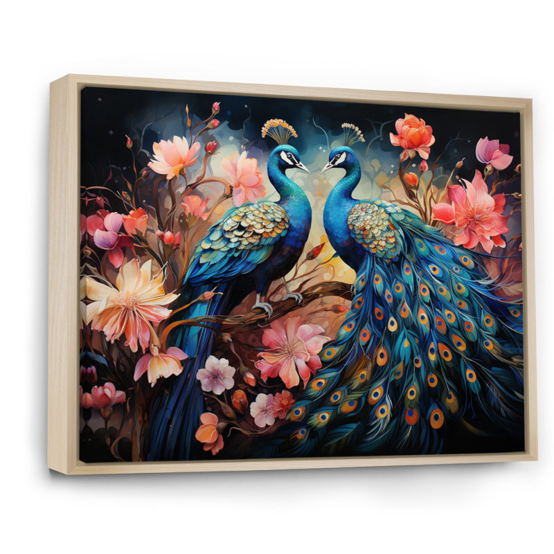 «Blue Coral Indian Art Dancing Peac II» - Art mural indien, H 30 po x l 40 po x P 1,5 po, Cadre flottant érable