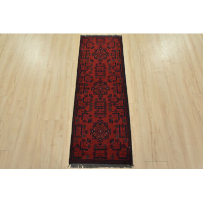 Tapis de couloir tribal rouge en laine noué à la main 1 pi 9 po x 4 pi Turkmen Turkmen