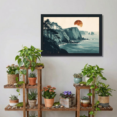 Teal Coastal Cliffs with Rust Sun Canvas Wall Art