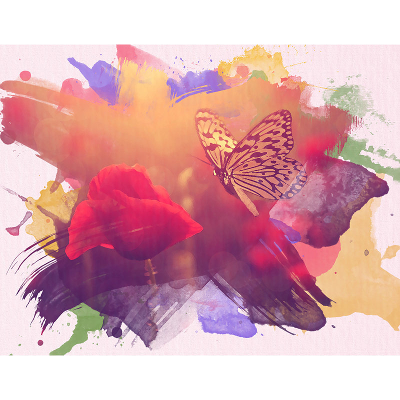 Décalcomanie murale amovible en aquarelle papillon et rose, H 36 po x l 48 po