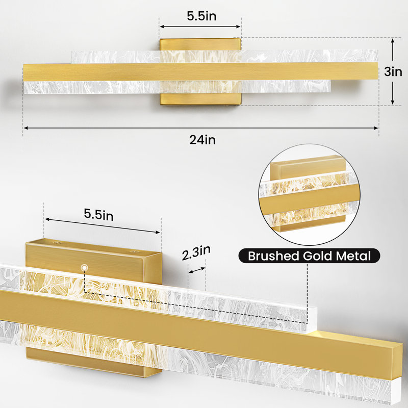 24" Dimmable LED Bath Bar with Textured Acrylic Shade, Gold