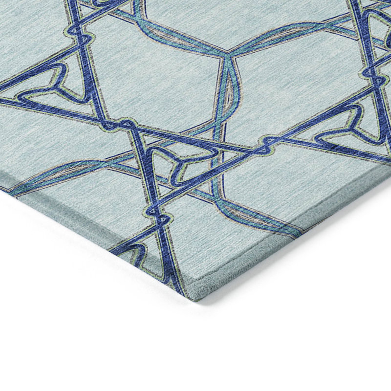 Sky Blue Geometric Synthetic Rectangular Indoor/Outdoor Rug 3x5
