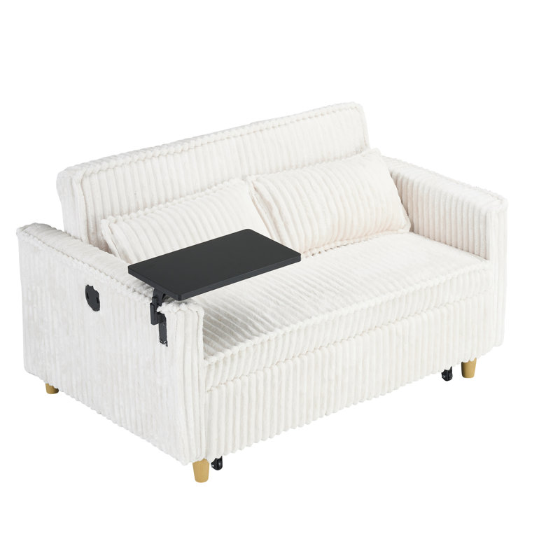 Confortable convertible en velours côtelé beige avec plateau de table mobile et, améliorant votre confort et votre table, pour travailler