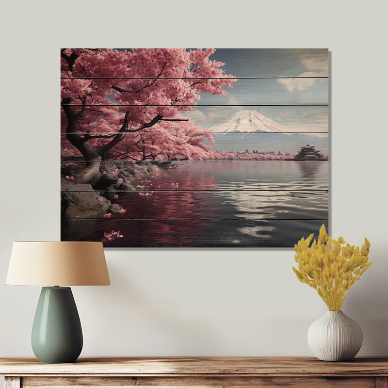 Art du Japon, mont Fuji II rose sur bois, H 30 po x l 40 po x P 0,78 po