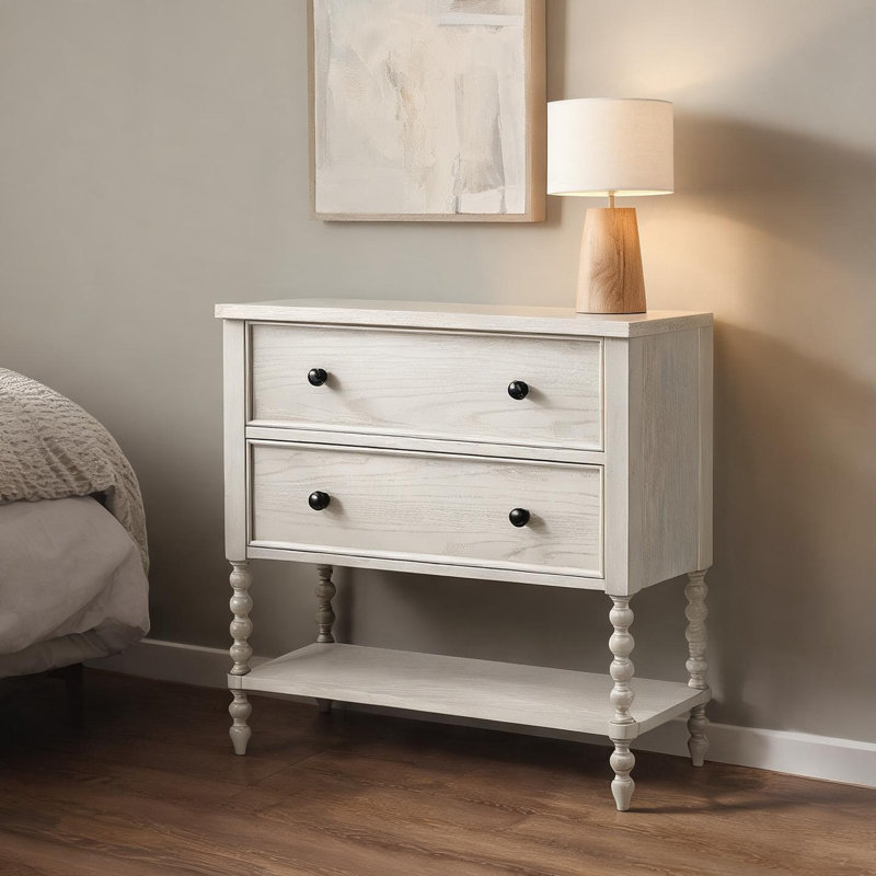 Commode d'appoint 2 tiroirs en bois massif aux tons naturels, rangement compact avec tablette, 36 po de conception traditionnelle