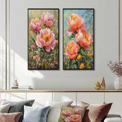 Pivoines dans le patch de fleurs sauvages I - art mural floral 2 panneaux