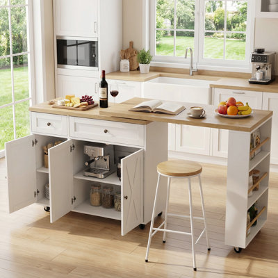 71" Rolling Kitchen Island Cart With 360° Rotating Tabletop, Cabinet Storage And Two Drawers