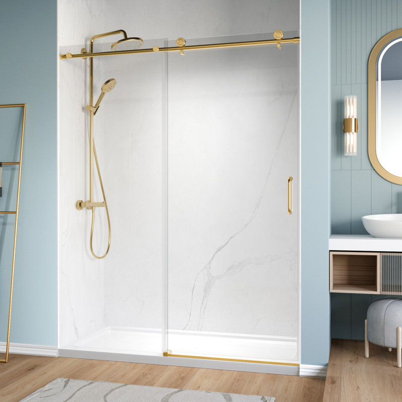 Porte de douche coulissante simple sans cadre de 56 à 60 po x H 76 po avec verre trempé de 1/4 po (6 mm) pour douche à l'italienne, or brossé