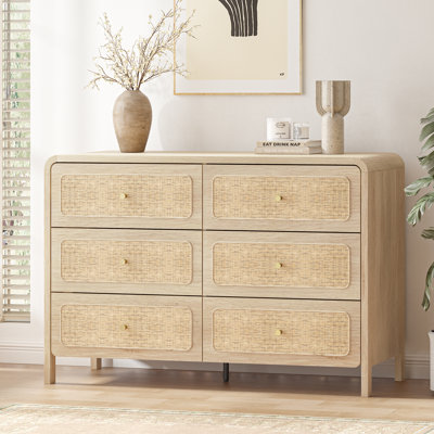 47.2" Wide Boho 6-drawer Dresser With Rattan Fronts & Gold Handles