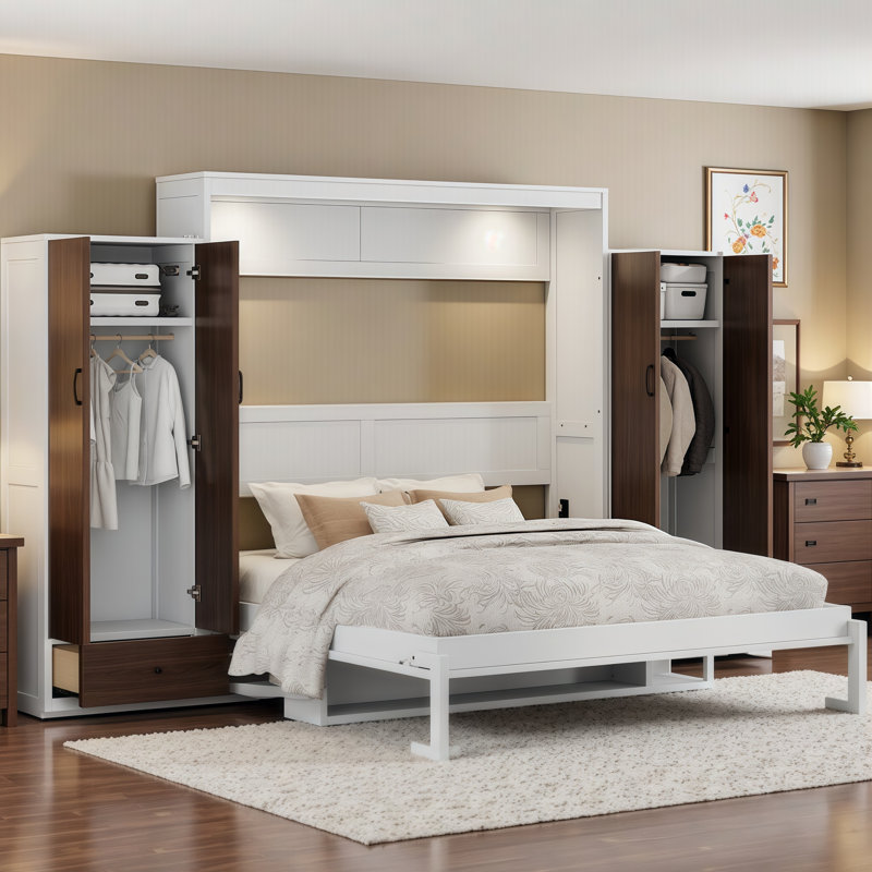 Grand lit escamotable mural avec bureau intégré, placard de rangement, tiroirs | Solution de bureau et de chambre à coucher pliable peu encombrante