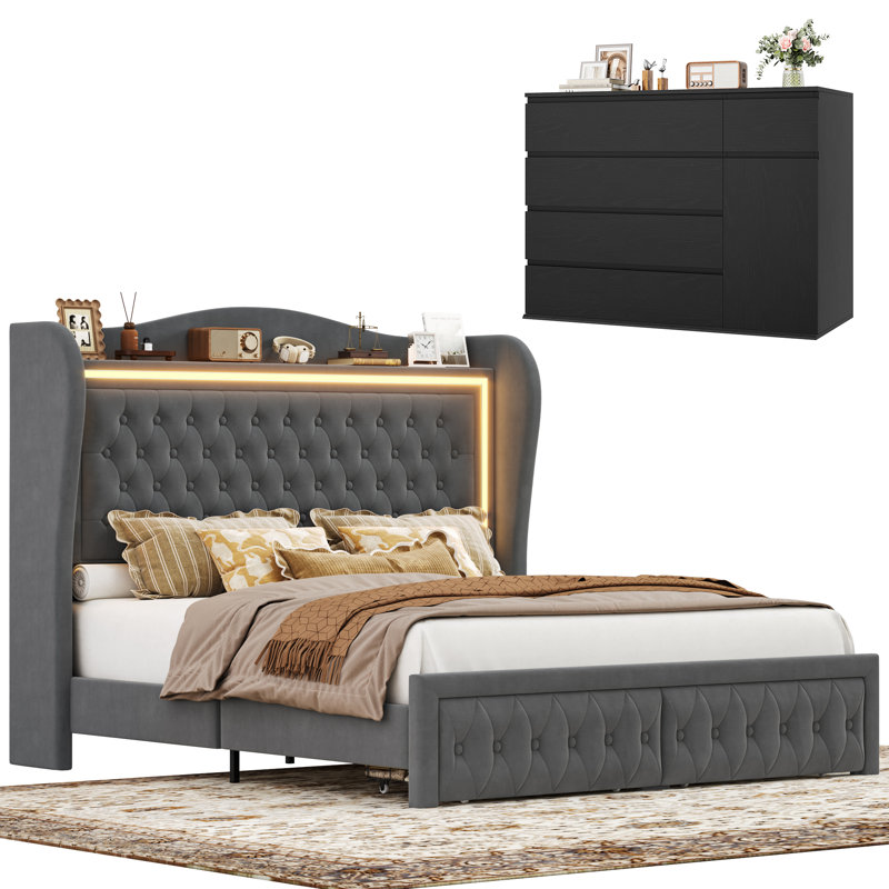 Ensemble de chambre à coucher 2 pièces Hosley, 1 lit plateforme tapissier avec tiroirs de rangement + 1 commode combinée avec 5 tiroirs et armoire