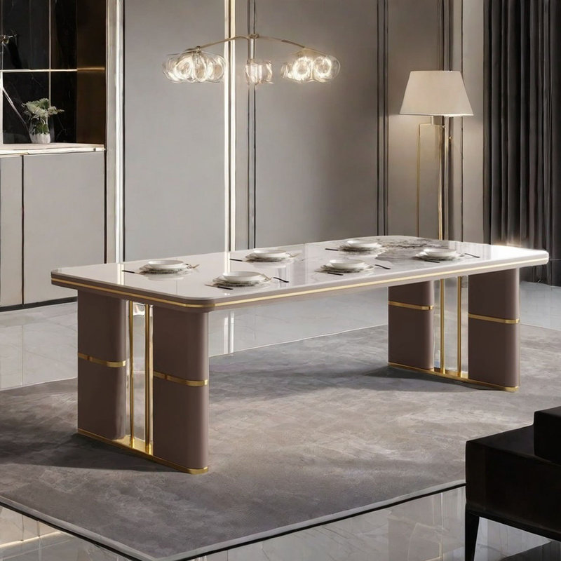 Portingale High Gloss Rock Slab Dining Table with Gold Base, 29.5"H x 86.6"L x 31.5"W