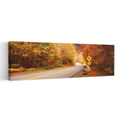 Autumn Road With Bear At Deer Crossing Sign, Vermont, Usa Abstract Contemporary Forest Landscape Wall Art