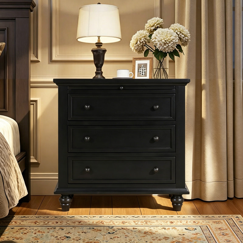 Albers Traditional 3-Drawer Nightstand with Pull-out Shelf and Solid Wood Legs, Black, Individual